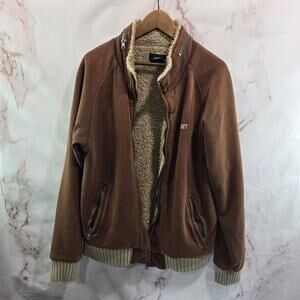 Obey Coat Mens Large Brown Sherpa Teddy Fleece Lined Hoodless Jacket Y2K
